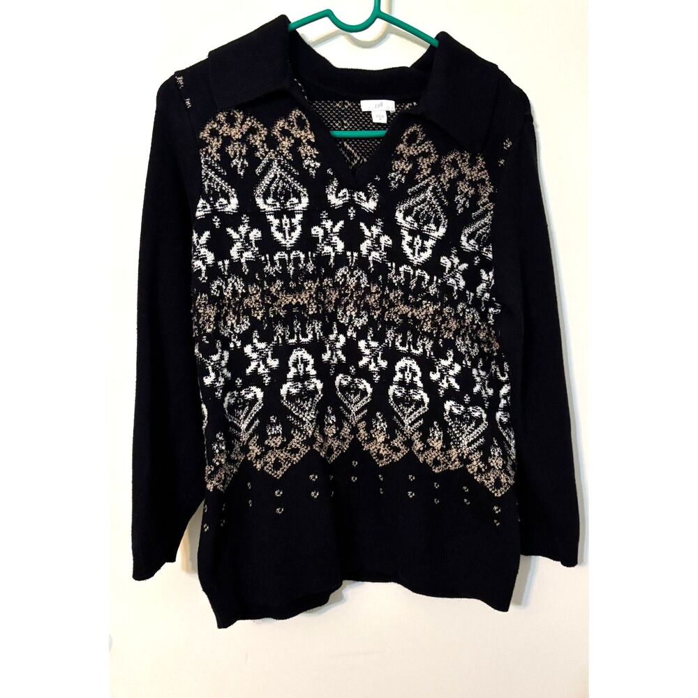 J. Jill Fair Isle Sweater Medium Black Nordic Cowl Neck Pullover